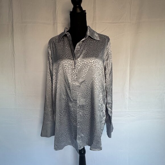 ACOA | LONG SLEEVE BLOUSE Silver/Blue Size Large Leopard Print - Dressy - 0338 - Picture 4 of 7